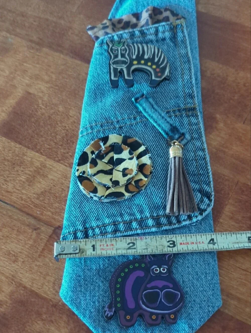 Denim Animal Pin & Tassel Tie- Blue